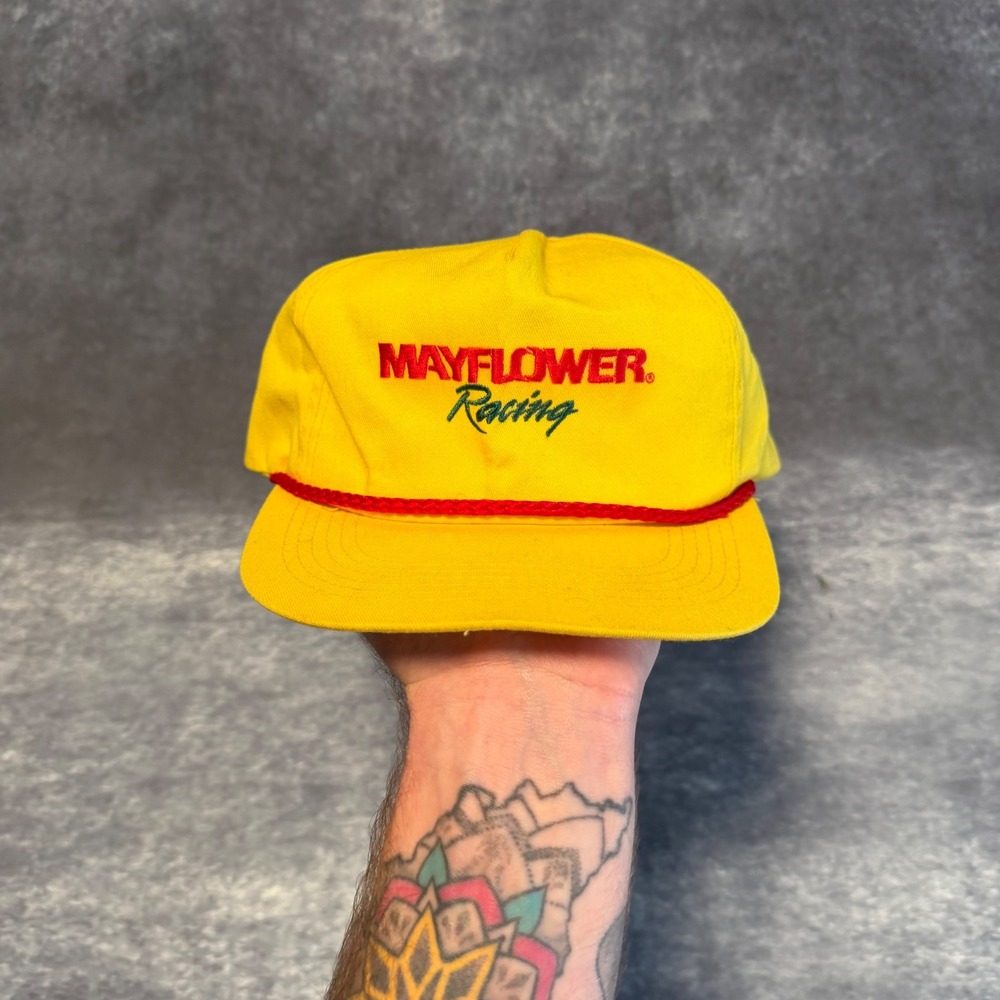 Vintage Mayflower Racing Snapback Hat Yellow Red Rope Trucker Cap Mens OSFM